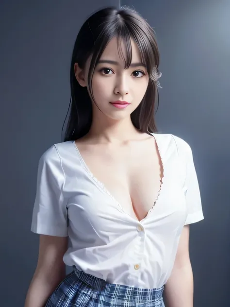 ((cleavage is visible,(chest wide open))),standing straight,1 nogizaka girl, utterly cute, bishojo, 17yo, (white school uniform short sleeves), (blue plaid pleated skirt), an exquisitely detailed and beautiful face and eyes and skin, detailed black shine h...