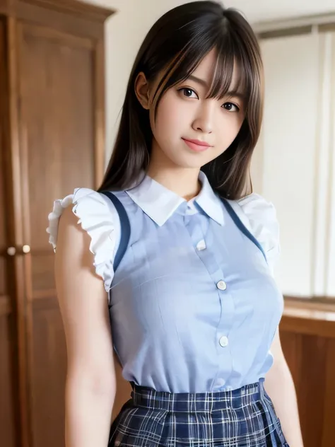 ((cleavage is visible,chest wide open)),standing straight,1 nogizaka girl, utterly cute, bishojo, 17yo, (white school uniform short sleeves), (blue plaid pleated skirt), an exquisitely detailed and beautiful face and eyes and skin, detailed black shine hai...