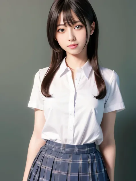 chest wide open,standing straight,1 nogizaka girl, utterly cute, bishojo, 17yo, (white school uniform short sleeves), blue plaid pleated skirt, an exquisitely detailed and beautiful face and eyes and skin, detailed black shine hair, small-medium breasts, s...