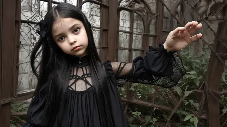 Child girl in gothic net symbolic clothes, 。.com (Arame farpado do corpo) cabelo de cor morena，Extremidades dos cabelos grisalhos