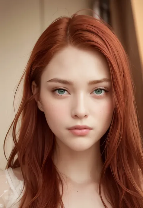 arafed woman with red hair and green eyes looking at the camera, Beautiful delicate facial features, soft portrait shot 8K, Beautiful young face, Young beautiful face, soft flawless pale skin, natural soft pale skin, a redheaded young woman, Incredibly bea...