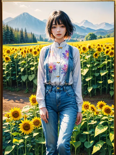 A beauty、sweet、Kind chinese village girl watercolor painting，Long black hair and warm brown skin，Wearing simple blue suspender jeans and a white plaid shirt，Very nice eyes and face，big watery eyes，long eyelashes，Beautiful teeth，Long legs，Perfect slender fi...