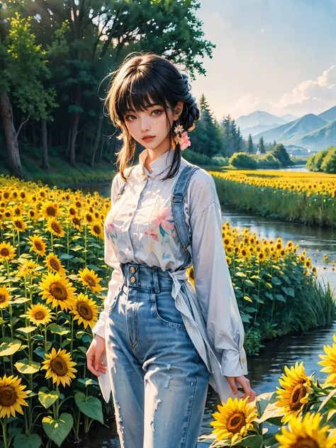 A beauty、sweet、Kind chinese village girl watercolor painting，Long black hair and warm brown skin，Wearing simple blue suspender jeans and a white plaid shirt，Very nice eyes and face，big watery eyes，long eyelashes，Beautiful teeth，Long legs，Perfect slender fi...