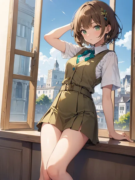 (masterpiece, highest quality), 1 girl, short hair, dull bangs, light brown hair, happiness, green eyes, hair ornaments, School_uniform, short_dispel, just_foot, blue sky, window, Front view, insight, chest squeeze, Beige vest