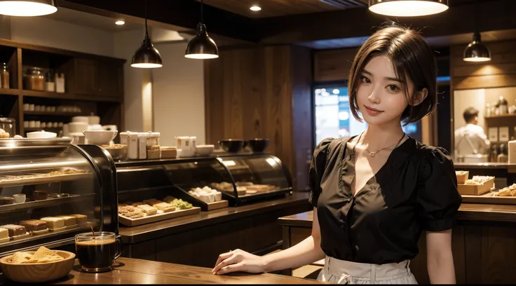 masutepiece、hight resolution、The coffee shop of the future、Woman making delicious coffee、２５Year old girl、１Girl clerk、Looking at the camera、Hair is short、short-cut、smil、Finish as shown in the photo、Coffee and beauty、the skin is white and beautiful、