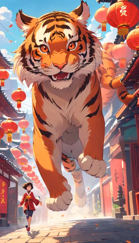 CNY，festive动画老虎，Tiger jumping frontally，中國festive，Red，Pixar, ized，Business posters，There are decorations around，festive,