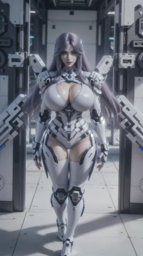 A beauty girl with purple hair, (REALISTIC:1.2), (PHOENIX ACCESORIES:1.1), (BIGGER BUTTOCKS,HUGE FAKE BREASTS:1.5), (CLEAVAGE:1.5), (MUSCLE ABS:1.3), (MECHA GUARD ARMS:1.1), (BLUE LATEX FUTURISTIC CUBER BREASTPLATE, BLACK MECHA SKINTIGHT SUIT, WHITE MECHA ...