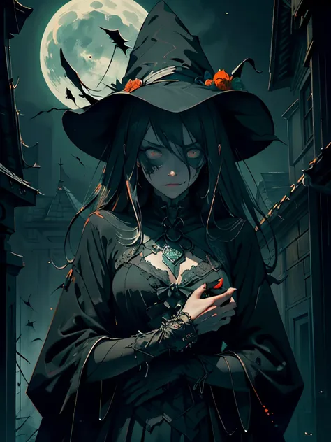 (best quality,in 4k,high resolution,muste piece:1.2),super detailed,reality,high contrast,halloween,人撮shadow,deep green,gothic f...