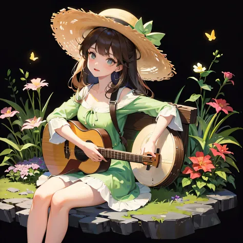 an illustration of girl wearing an old hat and playing banjo and sitting on a rock and surrounded by flowers and frogs, black background 