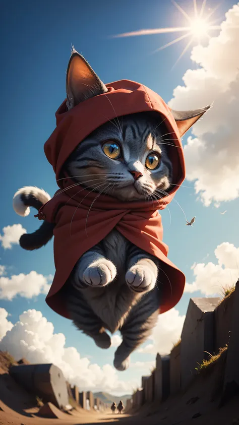 cute cat wearing red cloak flying in the sky，blue sky，sunlight