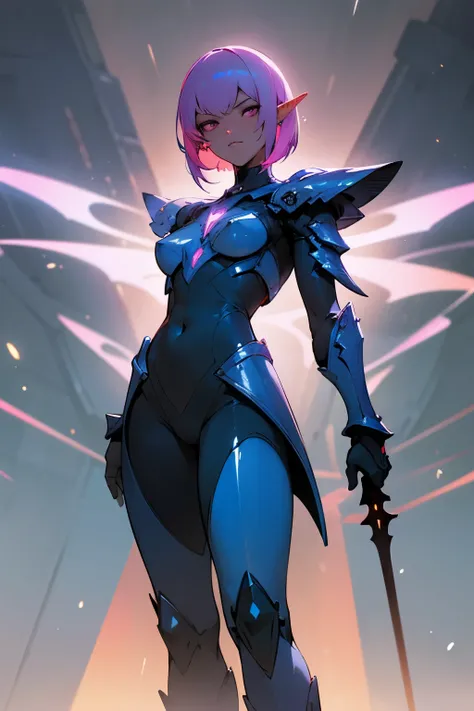 ultra-detailed, detailed, perfect face, slight smile, blue-skinned dark elf with totally pink hair in a bob haircut, wearing space armor covering his belly and legs. metal shoulder pads, glowing runes on the armor, sharp black eyes, slender and graceful, m...