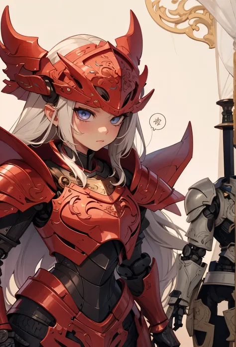 (detailed illustrations,Very detailed and precise drawing,Delicate drawn lines with tempo,Realistic texture expression),[color traced main line],(Fantasy World Battlefield Background [burning castle]),((ROBOT GIRL)(red knight[muscular][[METALFACE[clear len...