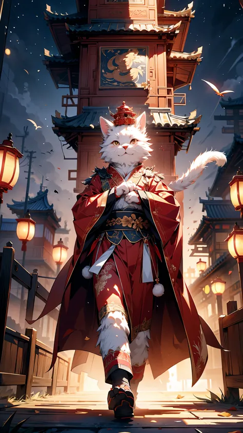 Chinese cat emperor，Put on a dragon robe，wear chinese crown，坐在The Forbidden City of China內龍椅上，The Forbidden City of China，中国皇宫decorate, 中国龙decorate，Festive wedding scene, decorate, Nostalgia, Chinese design, big occasion, stage, Red staircase, tall red doo...