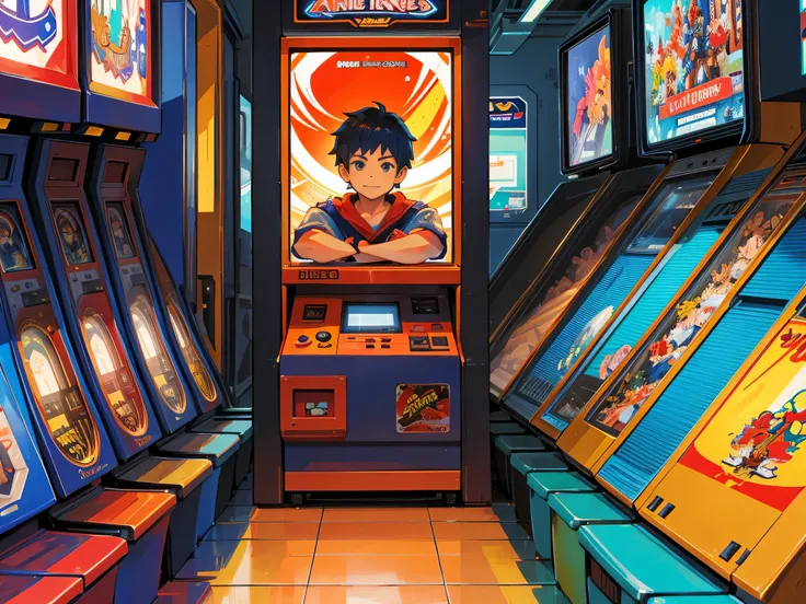 （best qualtiy， tmasterpiece）， A popular arcade arcade in the 90s, A handsome little boy passionately plays Street Fighter fighting games, He stands in front of an arcade machine with a color display, Showcasing the games exciting visuals. There is a strong...