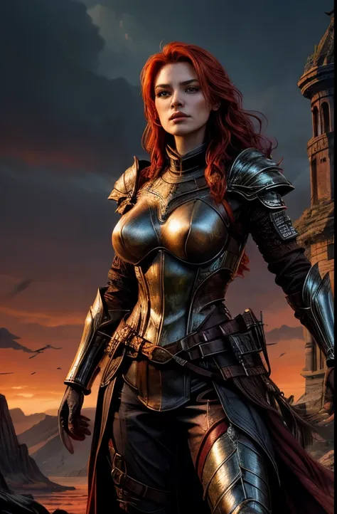 illustration of a beautiful female warrior, red hair, 30 years old, high neck, scale armor, long skirt over brown leather pants,...