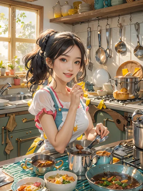 An imaginative and heartwarming depiction of a dream girlfriend, envisioned as a loving partner and lifelong companion, cooking in the kitchen. She radiates a sweet and comforting smile that brightens the room, creating a sense of joy and tranquility. Her ...