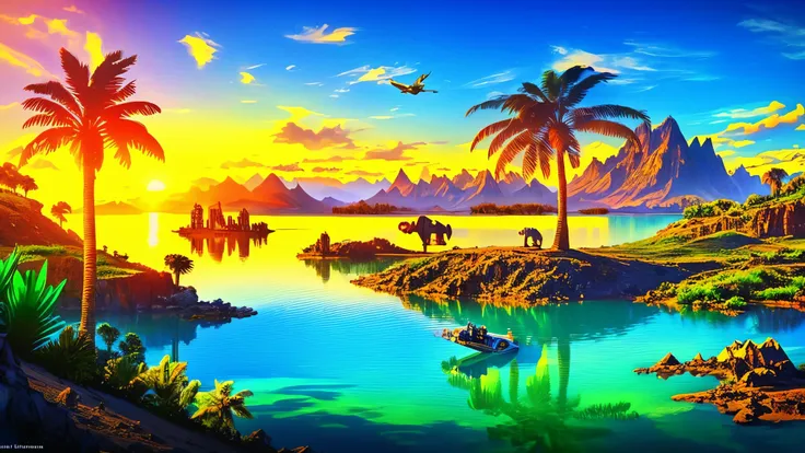 robot in the paradise planet with palm tree, lakes, lion, eagle, girafa, river, montain, snow, sunrise