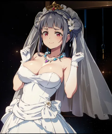 (((Pixel perfect, Perfect details))), alone, 1 girl, Lan Qianli, looking at the audience, Smile,ponytail，Gurwitz，pillory，Head flail，hand flail，flail，(bridal veil:1.5），（short sheer veil：1.5），Blushing face，Head flower，headgear，（tube top wedding dress：1.5），（S...