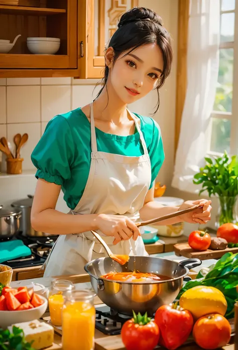 An imaginative and heartwarming depiction of a dream girlfriend, envisioned as a loving partner and lifelong companion, cooking in the kitchen. She radiates a sweet and comforting smile that brightens the room, creating a sense of joy and tranquility. Her ...