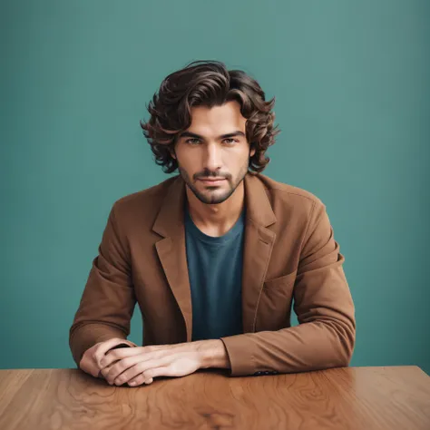  there is a man sitting at a table with a blue background, a stock photo by John Luke, shutterstock, best on adobe stock, detailed scene