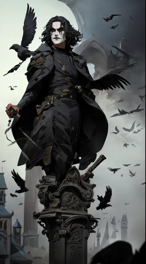 generate a cinematic, detail-rich image with "the crow" theme. the scene must take place at the top of an imposing gothic-style ...