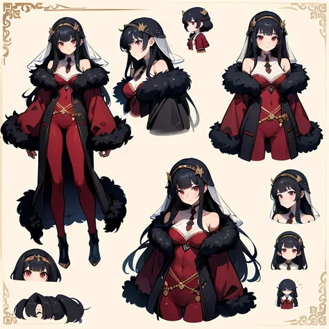 (Masterpiece, highest quality)), detailed face, character sheet, Full body, full of details, multiple poses and expressions, highly detailed, depth, many parts, black long haired girl, BREAK Body suit, fur coat, Navel, off shoulder, medium breast, charms, ...