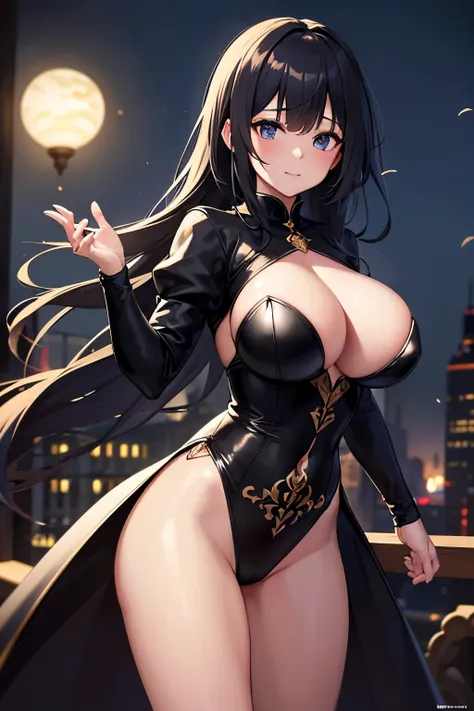 blurry background,moonlight,shadowy figure,historical setting,medieval architecture,stealthy,action-packed,adventurous,vivid colors,highly-detailed costume,expressive eyes,skilled violinist.（best quality, Ultra-high resolution, Photo-real:1.37）。((巨大なtits、t...