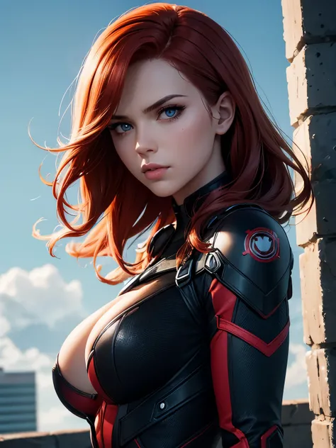 (best quality), (close-up), (headshot), beautiful close shot of Black widow from marvel comics (wavy red hair), (Bright Bule eyes), wearing tight black body suit, HDR, 4k, UHD, 3D