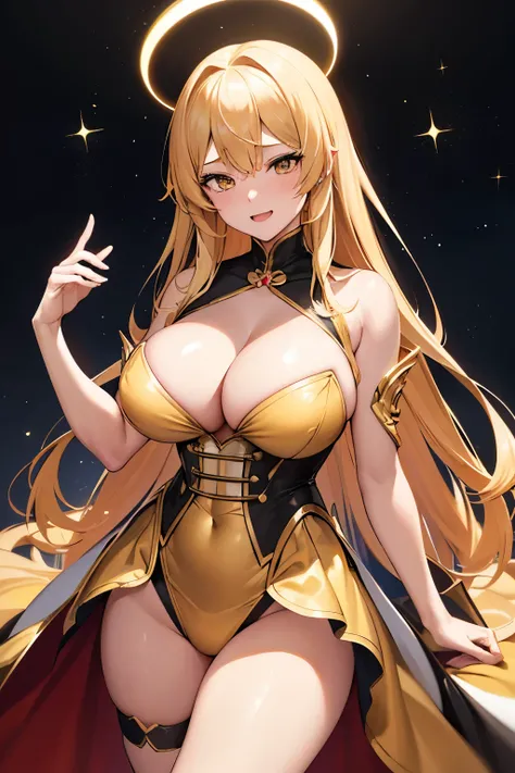 girl, Flowing golden blonde hair, yellow eyes, Golden Imperial Costume, neckline, anime, The background is a clear sky with twinkling lights, dynamic angle, Arrogant laughter((巨大なtits、tits、cleavage、erotic face、thighs)) 、highest quality,In 4K,8K,High resolu...