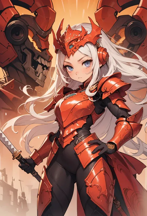 (detailed illustrations,Very detailed and precise drawing,Delicate drawn lines with tempo,Realistic texture expression),[color traced main line],(Fantasy World Battlefield Background [burning castle]),((ROBOT GIRL)(red knight[muscular][[METALFACE[clear len...