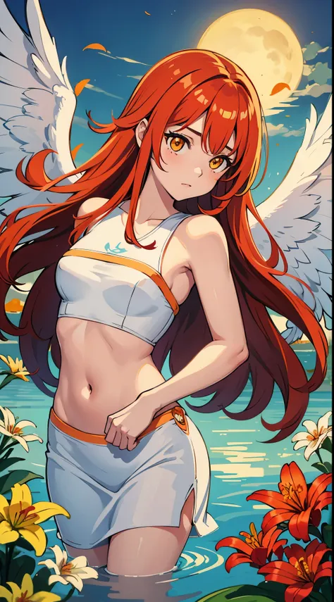 girl underwater, long red flowing hair, angel wings, orange yellow and white lily flowers