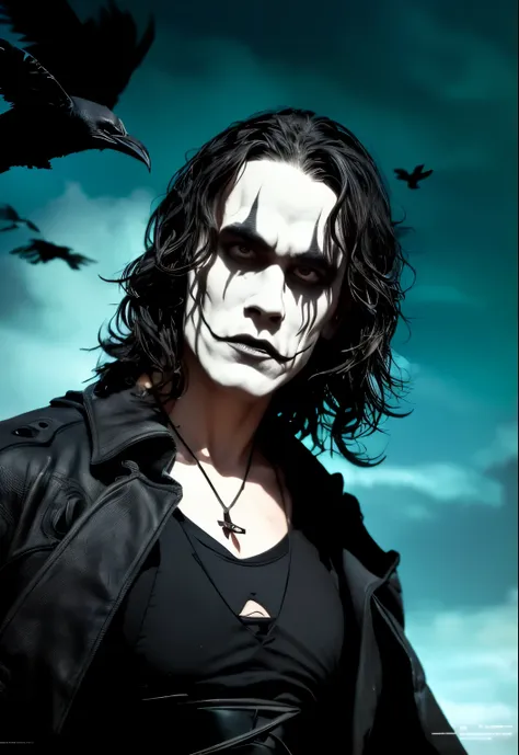 generate a cinematic, detail-rich image with "the crow" theme. the scene must take place at the top of an imposing gothic-style ...