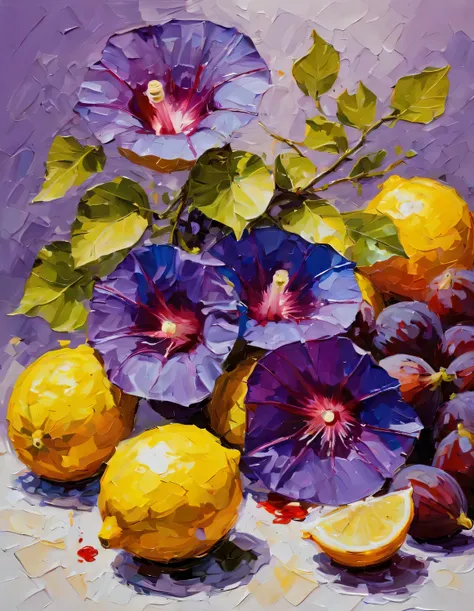 
oil painting with palette knife, oil painting on canvas, flowers and fruits, scarlet morning glory, lemons and purple figs, drawing with large strokes, impressionism, The Game of the World, high detail, The work of the wizard