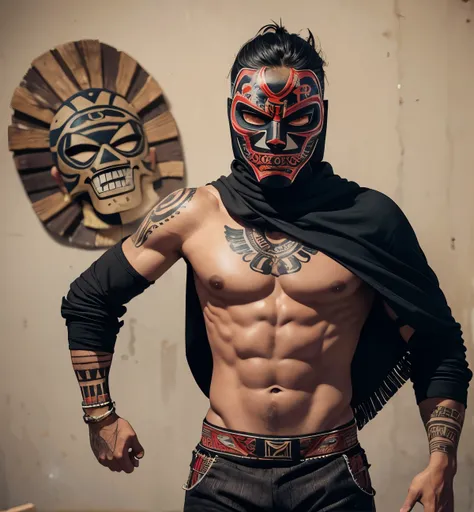 skinny Mexican. Lucha libre. Against the background of the steppe. Luchador mask. Aztec tattoos on the body. black trousers. early 20th century