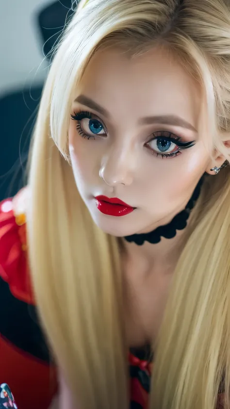 (8k, 4k, best quality, highres, ultra high res:1.1), (masterpiece, realistic, photo-realistic:1.1), 1girl, nsfw,face, twintails, blonde hair, black eyes, red lips, (looking at viewer:2), absurdly long hair, long eyelashes, eyeshadow, small face, big eyes,n...