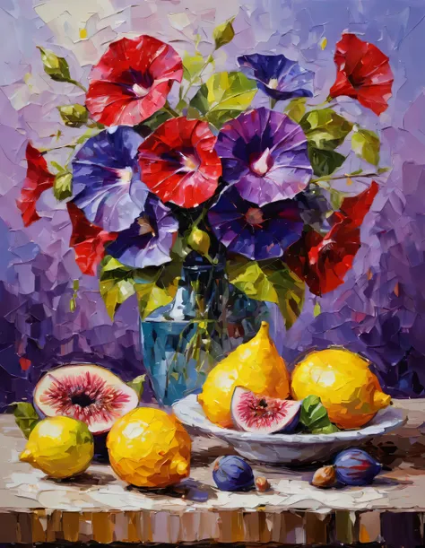 oil painting with palette knife, oil painting on canvas, flowers and fruits, scarlet morning glory, lemons and purple figs, draw...