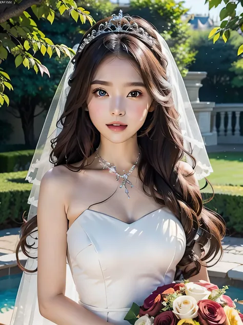 fantasy、long hair、brown hair、cute woman、clear white skin、、transparency、garden wedding、rose、wedding dress、veil、tiara、upper body、、...