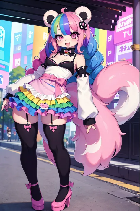 (masterpiece), best quality, perfect face, 8k, panda girl, joyful laugh, ((rainbow hair)), (curly hair), (human face), [small breasts], waist:1.3, long legs, black ears, full body,
BREAK, 
((Layers of colorful accessories)), pastel-colored designer heels, ...