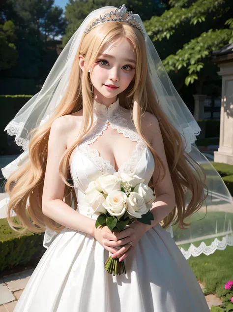 fantasy、long hair、blonde、cute woman、white skin、white skin、Transparency、Garden Wedding、Rose、Wedding dress、all lace dress、veil、tiara、thin eyebrows、Rounded face、happiness、bouquet、big breasts、don&#39;t blush、the light is soft
