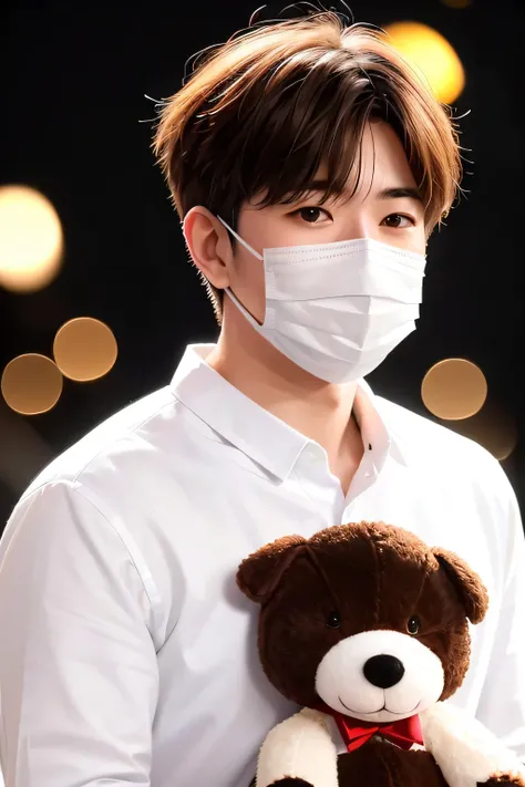 1 person、high quality，masterpiece，8K, head shot,　((stuffed toy))、(background bokeh)、((White shirt only))、((wearing a mask))、