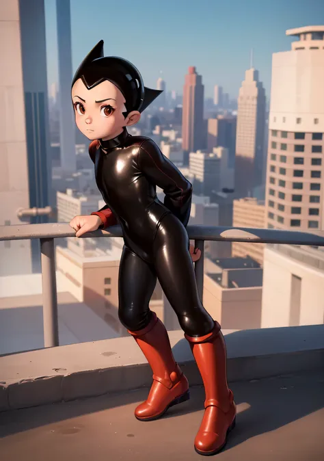 ((best quality)), ((masterpiece)), (detailed), safe, solo, 1boy, perfect face, full body image of astro boy, leaning against a r...