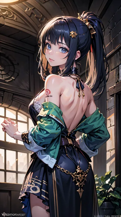 (masterpiece, top quality, best quality, official art, beautiful and aesthetic:1.2),1girl, tattoo, solo, japanese clothes, hair ornament, unsheathing, black hair, sheath, back tattoo, blue eyes, off shoulder, bare shoulders, looking back, from behind, flow...