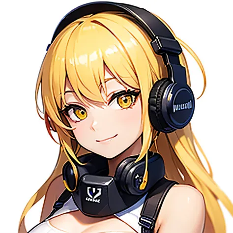 beautiful girl with yellow hair，face the face，smile，with headphones，customer，don&#39;t show your breasts