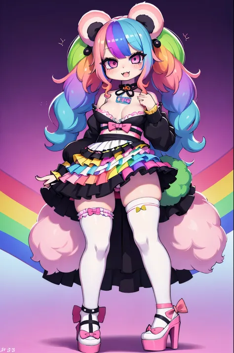 (masterpiece), best quality, perfect face, 8k, panda girl, joyful laugh, ((rainbow hair)), (curly hair), (human face), [small breasts], waist:1.3, long legs, black ears, full body,
BREAK, 
((Layers of colorful accessories)), pastel-colored designer heels, ...