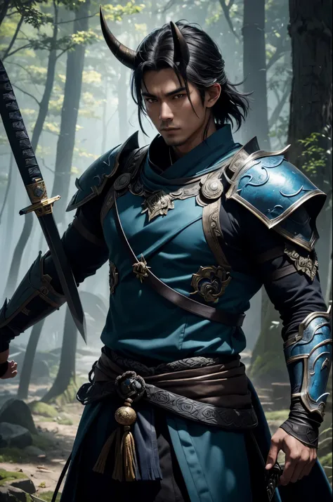 8K,young magical samurai,(Wearing a demon mask)、adult male,There are three horns on the head,solo、super handsome(like the real thing),blue realistic skin,Shining eyes,demon world swordsman costume,(Armed with a long and large sword)、magnificent artwork、((K...