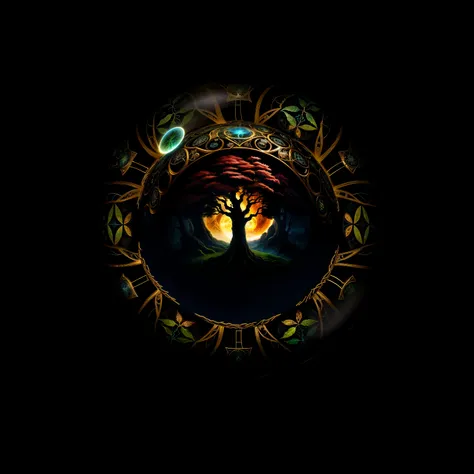 there is a picture of a tree in the middle of a circle, tree of life inside the ball, yggdrasil, fantasy game spell symbol, golden sacred tree, cosmic tree of life, brain tree eye holy grail, dark but detailed digital art, the world tree, tree of life seed...