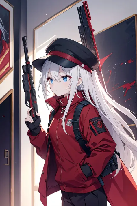 a red long rifle and a girl，side view，top view，female figure slim and slender，sharp vision，put on black mask，left hand down，fema...