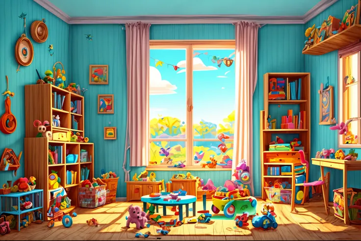 bright, ((cartoon style)), a background of a inside of a childrens room with toys and soft toys, cute room with cute toys, sunny day, no human, illustration for children, fantasy art, masterpiece, detailed, intricate, 4k, art