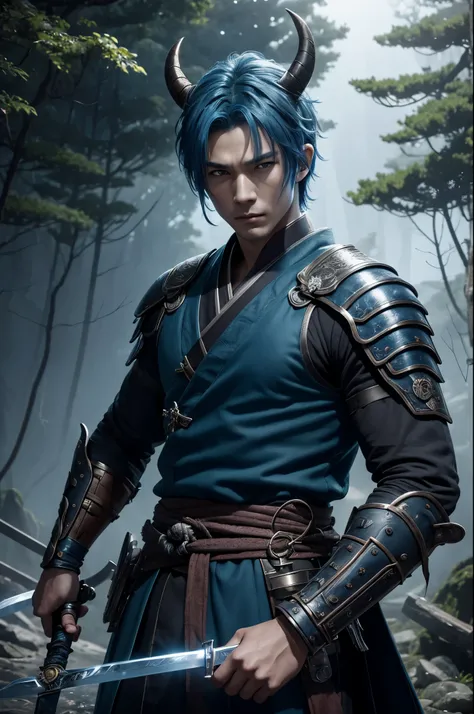 8K,young magical samurai,(Wearing a demon mask)、adult male,There are three horns on the head,solo、super handsome(like the real thing),blue realistic skin,Shining eyes,Demon world assassin costume,(Armed with a long and large sword)、magnificent artwork、((Ky...