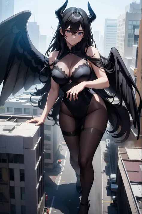 Aerial View，giant girl 50,000 feet high，Weight 1000kg，Have a pair of long legs，Has a pair of huge black angel wings，With huge devil horns on his head，Has waist-length black hair，loose hair，Big black wavy curls，Wearing a pair of black Mary Jane high heels，B...